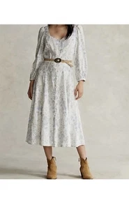 NWOT Polo Ralph Lauren Blue Floral Toile Linen Midi Dress Size 10 Cottagecore - Picture 1 of 5
