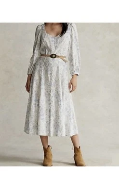 Новый без ЯРЛЫКОВ Polo Ralph Lauren синий цветочный туалет льняной Midi платье размер 10 Cottagecore - Изображение 1 из 4