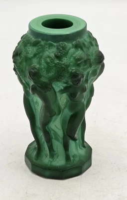 1930's Art Deco Green Malachite Glass Vase, Nymphs Czechoslovakia Art Glass 5" - Image 1 of 4