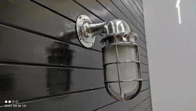 Industrial Aluminium Bulkhead Wall Sconce Light Swan Neck Lamp with White Globe - Image 1 of 4