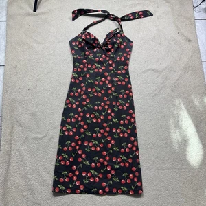Vestido Morbid Threads para mujer pequeño estampado de cereza halter lazo acento vintage - Imagen 1 de 14