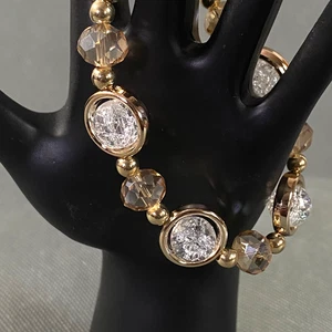Pulsera de cuentas con marco de vidrio agrietado ámbar claro tono dorado elástico - Imagen 1 de 9