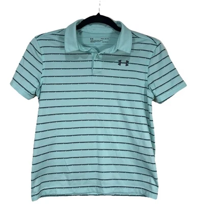Under Armour Heat Gear Polo Golf Shirt Size Youth Large Blue Striped Logo YLG - Image 1 of 4