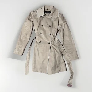 Guess Los Angeles Khaki Tan Double Breasted Trench Coat Faux Leather Trim Sz: L - Imagen 1 de 12