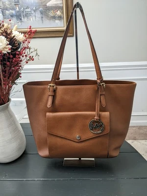 MICHAEL KORS MK Saffiano Leather Tote Shoulder Handbag Purse Brown - Image 1 of 4