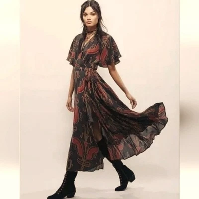 Free People Boho Flowy Maxi Wrap Dress  Chiffon Lined Abstract Floral  XS - Image 1 of 4