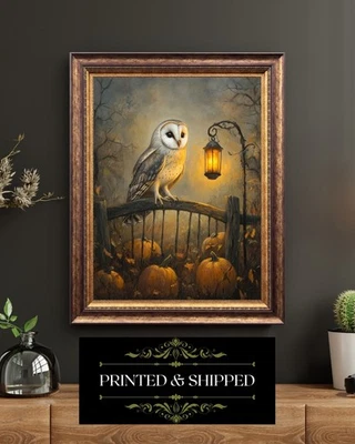 哥特式谷仓猫头鹰灯笼和南瓜万圣节秋季墙艺术印刷品 — 第 1/4 张图片