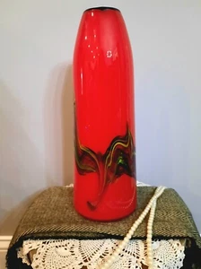 14" Vibrant Red Hand Blown Art Glass Vase with Yellow /Black Swirls (Heavy) - Picture 1 of 9