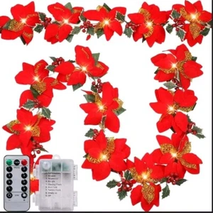 2 Pcs Prelit Poinsettia Christmas Garland w/Lights Glitter Berries Remote Timer - Picture 1 of 6
