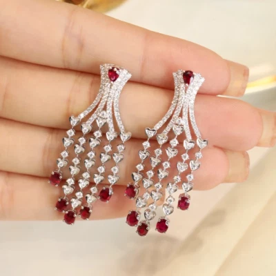 Elegance Retro Tassels Lab Created Ruby Natural Diamond Earrings 14K White Gold - Image 1 of 4
