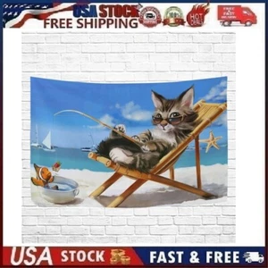 Watercolor Hipster Cat Kitten Sea Beach 3'x5' Flag Banner Wall Art Tapestry - Picture 1 of 11
