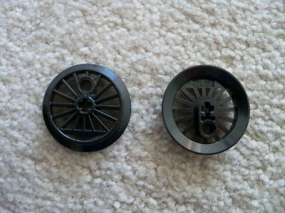 LEGO - 2 Train Wheels, Spoked w/ Technic Axle Hole & Counterweight Flanged - New - Image 1 of 2