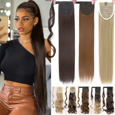 Natural Hair Ponytail Clip In as Real Human Extensions Wrap Pony Tail Wavy Long - Image 1 of 4