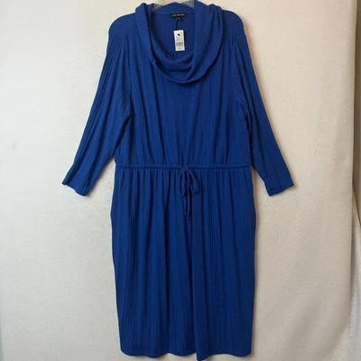 Lane Bryant dress sz 18/20 cowl neck fit flare blue ribbed 3/4 slv waist tie NEW - Image 1 of 4