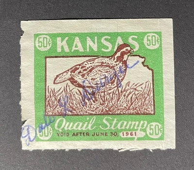 Kansas State Revenue - 1960 Quail stamp - 50 cents - Green & Brown on white, KS - Image 1 of 2