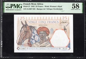 French West Africa 25 Francs P27 1942 PMG58 Choice aUNC FRENCH COLONIAL Banknote - Picture 1 of 2