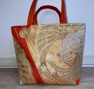 Handgefertigte Seide Fukuro Obi Beuteltasche Japan rot gold Kranich Geschenk Unikat - Bild 1 von 6