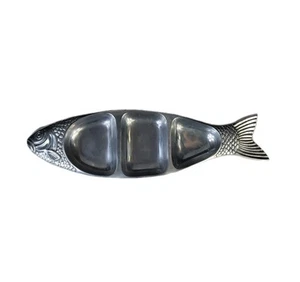 Vassoio da portata piatto in metallo argentato 6" x 21" diviso a forma di pesce India - Foto 1 di 14