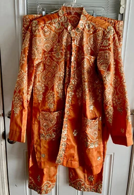 Pantalón Top Indio Paquistaní Uso Formal Naranja Dorado Lentejuelas Bordado Floral Usado en Excelente Condición Foto 1 de 4