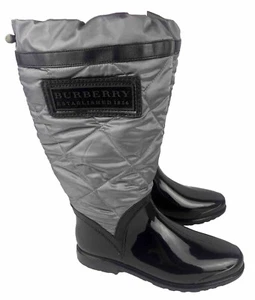BURBERRY LOGO QUILTED NYLON BLACK GREY RAIN BOOTS EU 37 UK 4 NEW - Picture 1 of 10