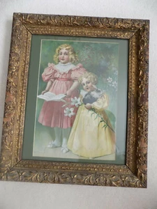 ANTIKER VINTAGE GROSSER LITHO DRUCK KLEINER MÄDCHEN MIT HASE KANINCHEN ORIGINAL RAHMEN - Bild 1 von 10
