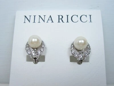 Pendientes de clip chapados en rodio Nina Ricci con cristales y perlas de Swarovski 3531 Foto 1 de 3