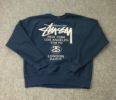 Stussy World Tour Crew Mens XXL Blue Sweatshirt - Image 1 of 4
