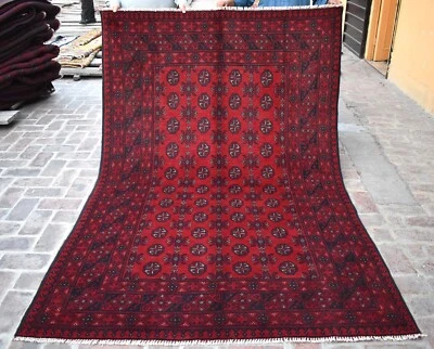 Hand Knotted Turkmen Bokhara Area Rug 5x8 Red Afghan Geometric Tribal Wool Rug - Image 1 of 4