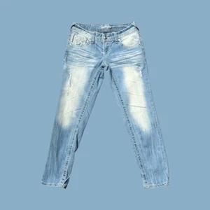 Pantalones de mezclilla desgastados elásticos blanqueados lavado ligero tiro bajo amatista talla 3 27x26 #223 - Imagen 1 de 5