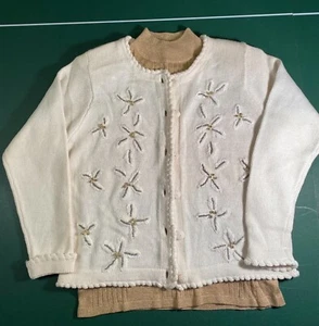Vtg Victoria Jones Sweater Cream w Gold/Silver Accents & Gold Top Under Size S - Picture 1 of 12