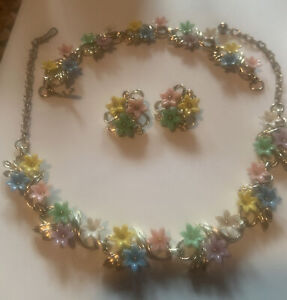 Vintage Pastel Floral Necklace Bracelet Earrings Parure SET