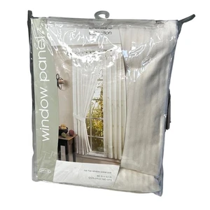 Home Leno Stripe Tab Top Window Panel Pair Curtains 88" x 63" Cream Ivory  - Picture 1 of 7