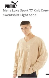 Puma Mens Luxe Sport T7 Knit Crew Sweatshirt Light Sand Size XL - Picture 1 of 6