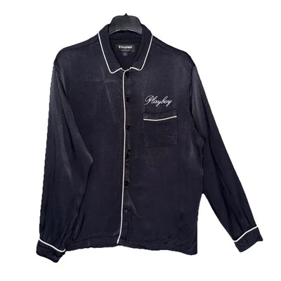 Camisa de salón Playboy Pacsun para hombre L negra brillo abotonada manga larga Y2K retro Foto 1 de 4