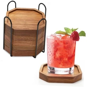 Cute Rustic Farmhouse Wooden Cup Coaster Set of 6 Cool Bar Drink Coasters with - Picture 1 of 8