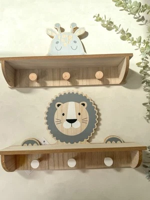 Nursery Wall Shelf Storage Hooks Rack Giraffe Lion Animal Safari Decor Accessory - Image 1 of 2