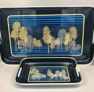 Vtg 80s Serving Trays Gold Trees Black Blue Striped Synthwave Decor Srednick - Image 1 of 4
