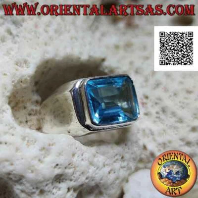 Anello in Argento 925‰ liscio con topazio rettangolare a taglio baguette rialzat - Immagine 1 di 4