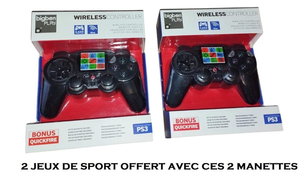 BIG BEN LOT 2 Manettes Turbo Quickfire sans fil Neuve Ps3 Sony + 2 jeux bonus