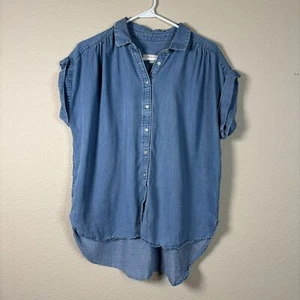 LOFT Chambray Button Down Shirt Women’s Large Short Sleeve Denim Top - Picture 1 of 6