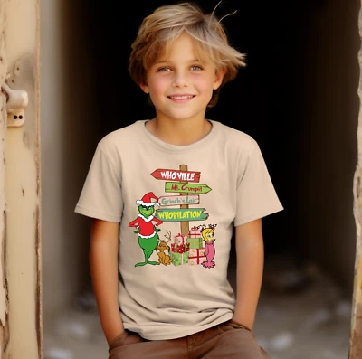 Gildan Heavy Duty Cotton Boys T shirt-S-XL-Grinch-Whoville-Christmas-Humor-Gift - Image 1 of 2