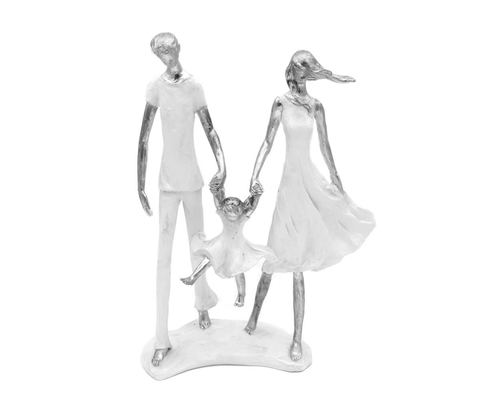Design Scultura Famiglia Bianco Argento Dekofigur Arte Pietra Family Kind Eltern - Immagine 1 di 4