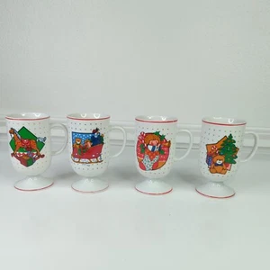 Vtg Japan White Red Pedestal Holiday Christmas Mugs Cups set of 4, 5in - Picture 1 of 13