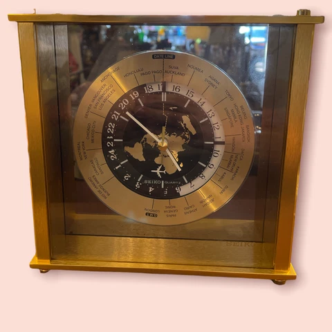 Vintage Brass Seiko World Time Clock with Airplane Second Hand Cover
