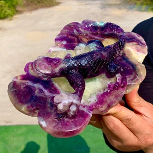 4.01LB Natural purple fluorite cube hand carved lizard crystal sample - Picture 1 of 23