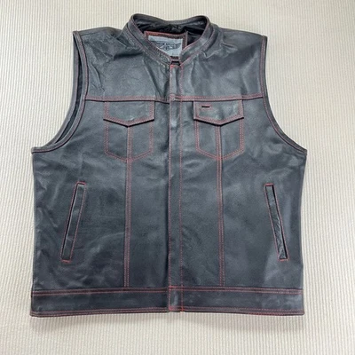 Mens Black Leather Motorcycle Vest Red Stitching Club Concealed Carry - Image 1 of 4