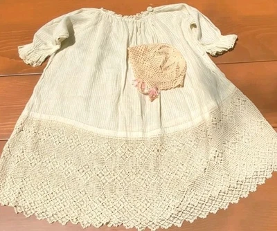 Antique Baby Dress & Bonnet Edwardian Era Vintage Crochet Excellent 23" Long - Image 1 of 4