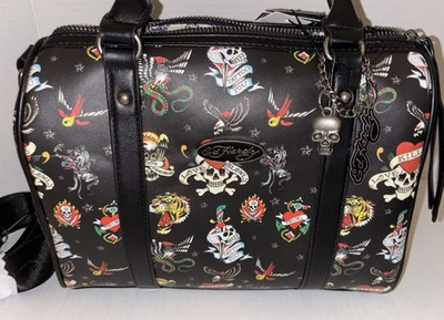 NUEVO CON ETIQUETAS Ed Hardy Negro Logo Estampado Tatuaje Calavera Corazones Cartera Bolso de Mano Tigre Foto 1 de 4