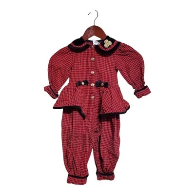 De Colección Rojo Cuadros Una Pieza 2T Niño Mameluco Negro Terciopelo Acento Navidad Conjunto  Foto 1 de 4