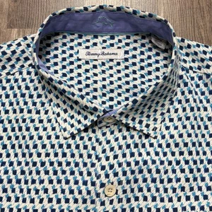 Tommy Bahama Shirt Mens XL Blue White Silk Short Sleeve Button Up Geometric - Picture 1 of 9